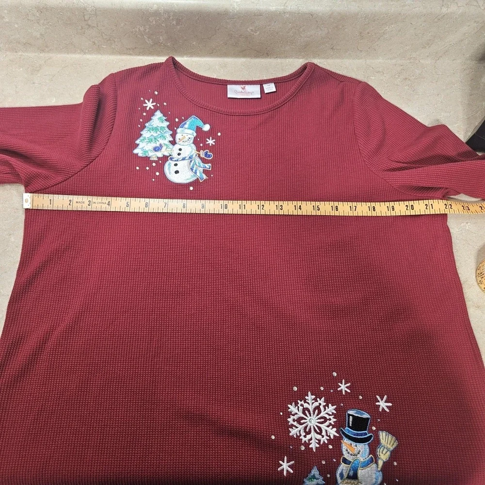 Quacker Factory Shirt Womens 1X Red Thermal Waffle Knit Snowman Christmas Winter